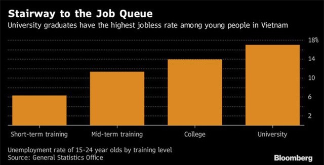Cử nhân đại học có tỷ lệ thất nghiệp cao nhất trong lao động trẻ Việt Nam. Nguồn: Bloomberg.