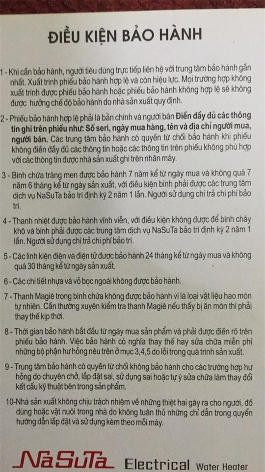 Điều khoản bảo hành của thương hiệu Nasuta.