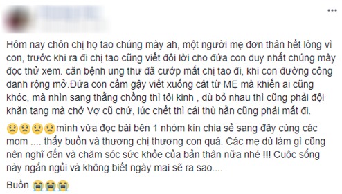 Bức thư của người mẹ đơn thân ung thư viết cho con trai trước khi qua đời: Các bạn có mẹ có cha, thương con côi cút nghĩ mà xót đau - Ảnh 1.
