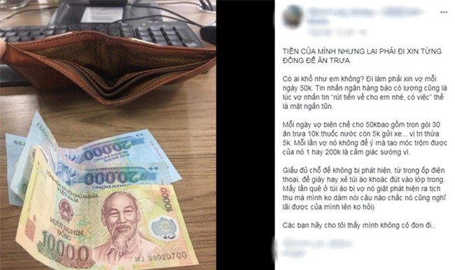 Ông chồng tội nghiệp đi làm có tiền nhưng mỗi ngày vẫn ngửa tay xin vợ 50k ăn trưa và phụ phí - Ảnh 1.