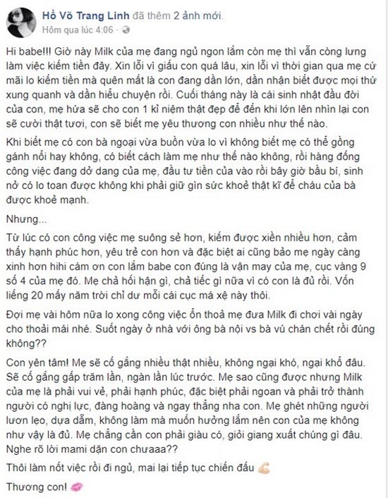 Trạng thái trước đó Trang Linh đã đăng trên trang cá nhân nói về con gái.  - Tin sao Viet - Tin tuc sao Viet - Scandal sao Viet - Tin tuc cua Sao - Tin cua Sao