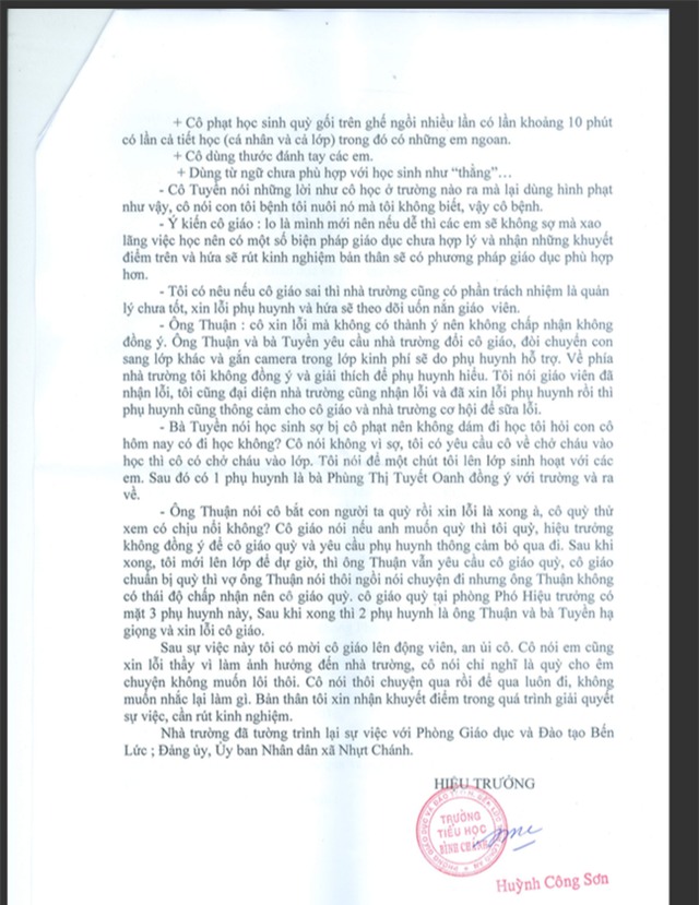 Tường trình của hiệu trưởng Huỳnh Công Sơn về sự việc cô giáo quỳ 