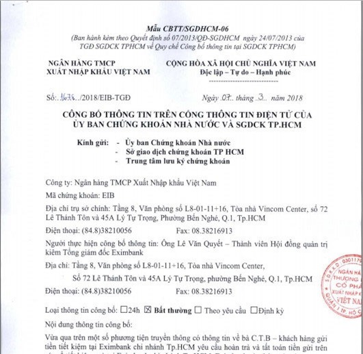 Eximbank công bố thông tin bất thường về vụ mất 245 tỷ đồng