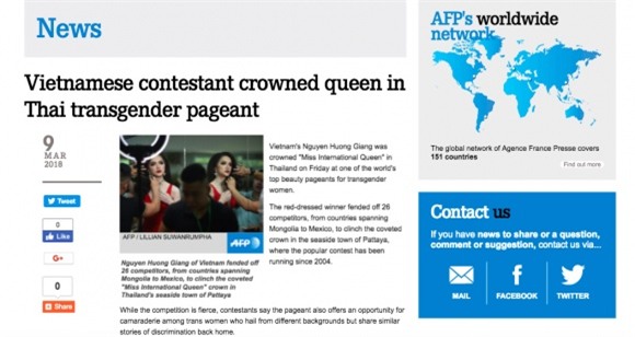 Hương Giang, báo nước ngoài đưa tin về Hương Giang, Hoa hậu chuyển giới Quốc tế
