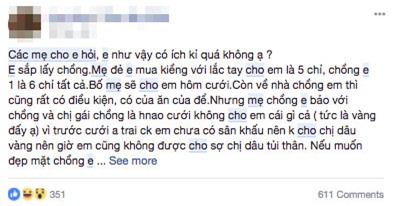 Cô gái trẻ than thở nhà chồng có của ăn của để nhưng không trao vàng trong ngày cưới vì sợ chị dâu tủi thân, muốn đẹp mặt thì tự đi mà mua