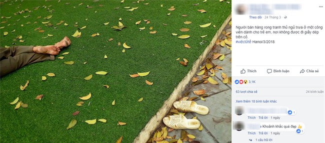 Người bán hàng rong tranh thủ ngủ trưa ở một công viên dành cho trẻ em vẫn không quên bỏ dép ngoài bãi cỏ khiến dân mạng xúc động - Ảnh 1.