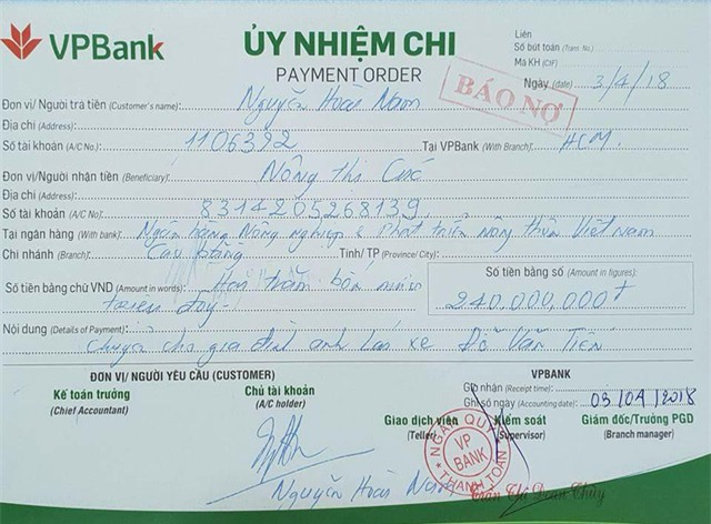 Số tiền 240 triệu đồng đã được chuyển tới tài khoản của vợ anh Tiến. (Ảnh trên trang cá nhân của doanh nhân Nguyễn Hoài Nam).