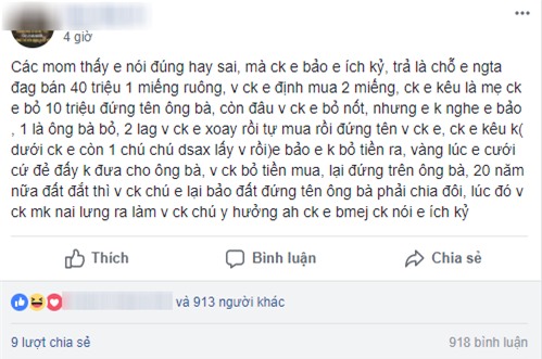 Định mua hai miếng đất ruộng giá 80 triệu nhưng bố mẹ chồng đòi góp 10 triệu rồi đứng tên luôn, nàng dâu bực tức đăng đàn méc chị em - Ảnh 1.