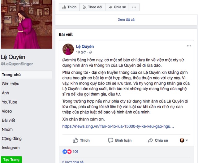 Thông tin mới nhất được đăng tải trên Fanpage của ca sĩ Lệ Quyên.