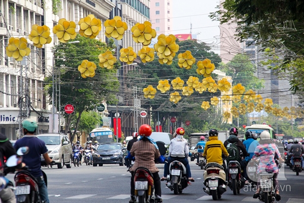 Sài Gòn rực rỡ cờ hoa với những bông hoa mai trang trí trên đường Tôn Đức Thắng