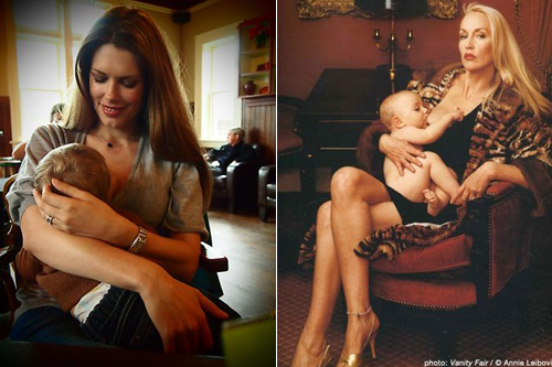 Chân dài Tara Moss vẫn cho cô con gái Sapphira bú đến tận 15 tháng tuổi (ảnh trái) và mẹ con siêu mẫu Jerry Hall trên tạp chí Vanity Fair