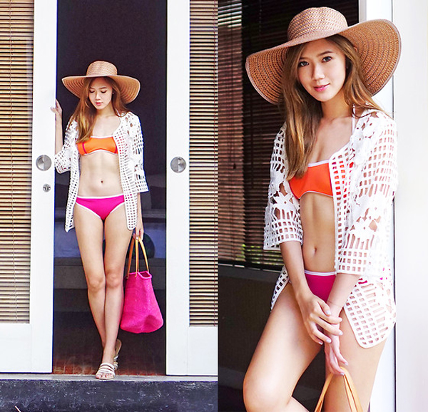 Camillie chọn lựa bikini kiểu dáng đơn giản với những gam màu neon nóng mắt. Cô khéo léo mix thêm mũ rộng vành, áo khoác ren lỗ, sandals và túi bản lớn.
