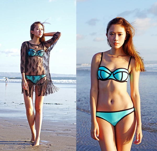 Cô nàng cũng nhanh chóng cập nhật kiểu bikini neon có những đường may nổi chia khối hút mắt.