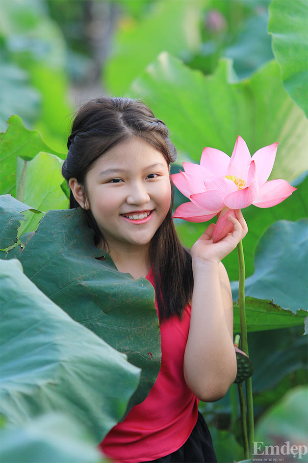 Vô tư tạo dáng bên những bông sen hồng hé nở.