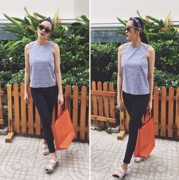 Hà tăng còn rất tự tin diện đồ jeans sau khi sinh. Set đồ áo sát nách cùng skinny jeans đen được người đẹp tạo điểm nhấn bằng phụ kiện khăn turban và túi tote màu nổi.