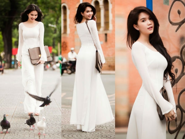 Sở hữu vẻ đẹp ngây thơ, trong sáng và làn da trắng ngần, Ngọc Trinh hết sức dịu dàng, thướt tha khi khoác lên mình chiếc áo dài trắng tinh khôi.