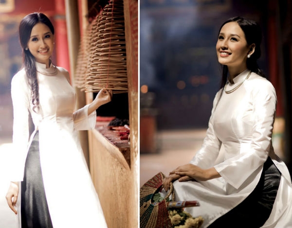 Từng gây scandal với bộ ảnh áo dài trong suốt, Mai Phương Thúy trông hiền hơn hẳn với chiếc áo trắng kín đáo này.