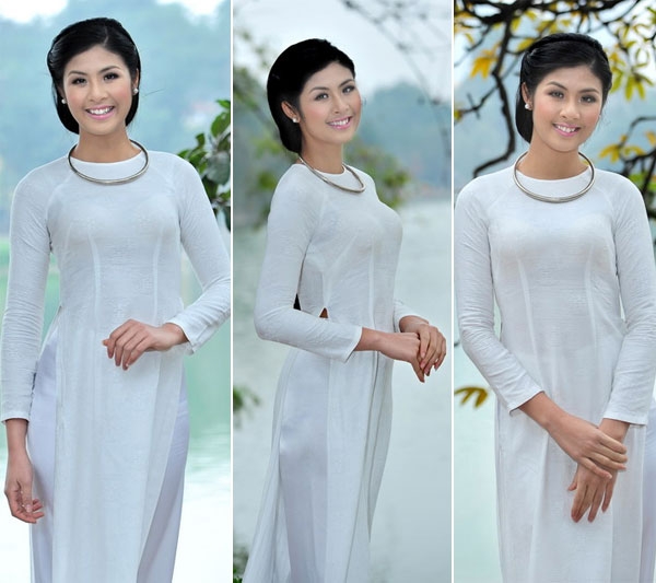 Hoa hậu Ngọc Hân tươi trẻ trong tà áo dài trắng đơn giản.