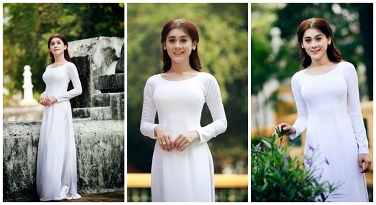 Người đẹp chuyển giới Lâm Chi Khanh cũng đẹp lung linh trong những tà áo dài.