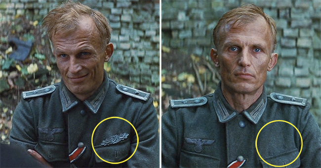 Inglourious Basterds (Định mệnh) - Khó có thể không nhận ra sự biến mất của rồi xuất hiện kỳ diệu của chiếc phù hiệu sĩ quan trong hai cảnh quay liên tiếp.