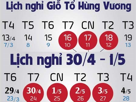 Dịp giỗ Tổ Hùng Vương và lễ 30/4, 1/5 được nghỉ 7 ngày