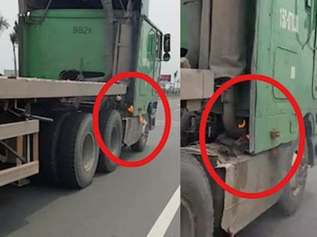 Ô tô tải bốc cháy vẫn phi nhanh trên đường