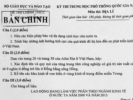 Bài giải, đề thi môn Địa lý THPT quốc gia 2016