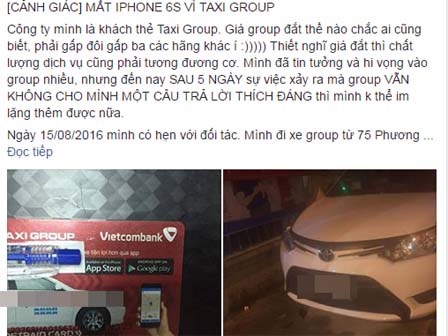 Nữ hành khách bức xúc vì mất iPhone 6s sau khi sử dụng dịch vụ của Taxi Group