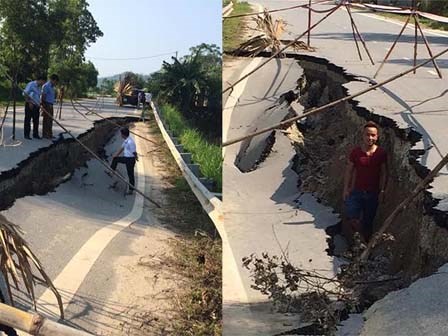 Quốc lộ nứt toác: 'Do cái ao chứ còn gì nữa'