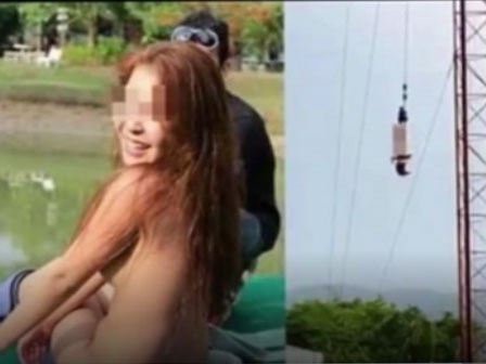 Say sưa nhảy bungee, cô gái trẻ bị bay sạch quần áo mặc trên người