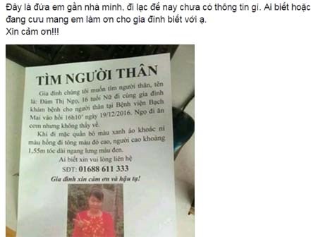 Đưa bố lên Hà Nội khám bệnh, cô gái mất tích sau khi đi mua đồ ăn