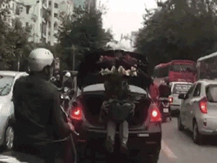 Ôm chậu hoa như báu vật, người đàn ông ngồi trong cốp ô tô khiến cả phố phải nhìn