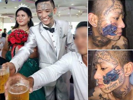 Xôn xao đám cưới của chú rể 9x xăm trổ kín mặt bên cạnh cô dâu trái ngược hoàn toàn