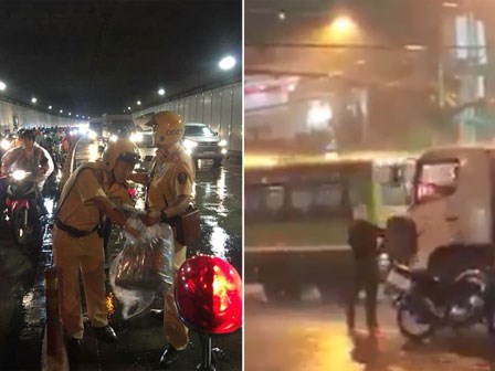 2 chiến sĩ CSGT phát áo mưa cho người Sài Gòn và bác tài xe rác tặng áo mưa cho anh công an: Vòng tròn của những điều tử tế