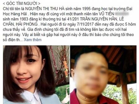 Gia đình nhờ cộng đồng mạng tìm tung tích nữ sinh Đại học Hàng Hải mất tích cùng người đàn ông mới quen