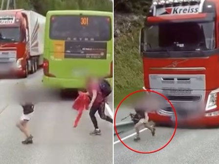 Clip: Khoảnh khắc đáng sợ khi một cậu bé chạy qua đường, suýt bị xe tải đè bẹp