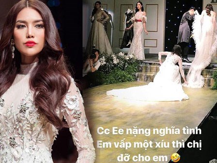 Kỳ Duyên vấp váy trên sàn diễn, Lan Khuê ngồi khuỵu xuống chỉnh váy cho đàn em