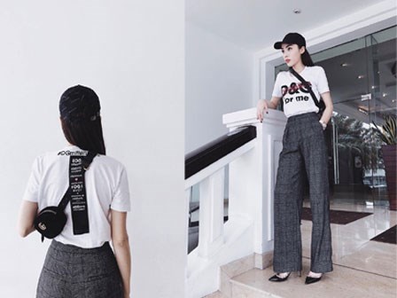 Diện áo phông cá tính nhưng Kỳ Duyên lại bị mẹ nói “mặc áo ngược”