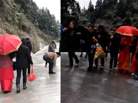 Trời lạnh đường đóng băng, nhà gái vẫn kiên cường đưa dắt cô dâu 