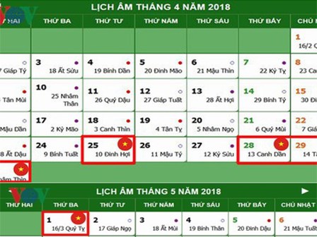 Lịch nghỉ chính thức Giỗ Tổ Hùng Vương, 30/4 và 01/5/2018