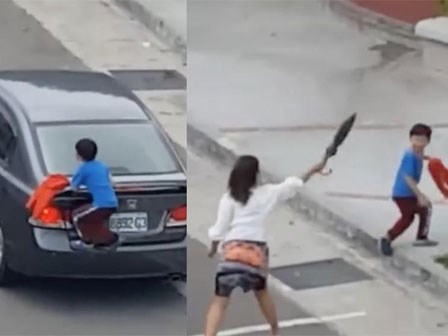 Bà mẹ đuổi con, lái xe đi mặc cậu bé gào khóc 