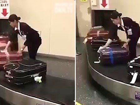 Nữ nhân viên sân bay lau từng chiếc vali của khách gây sốt