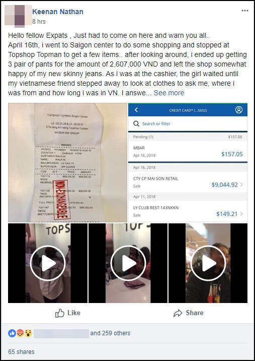 Khách Tây được hoàn tiền sau sự cố mua quần Topshop ở Saigon Centre hết 2,6 triệu nhưng bị trừ hơn 9.000 USD-1