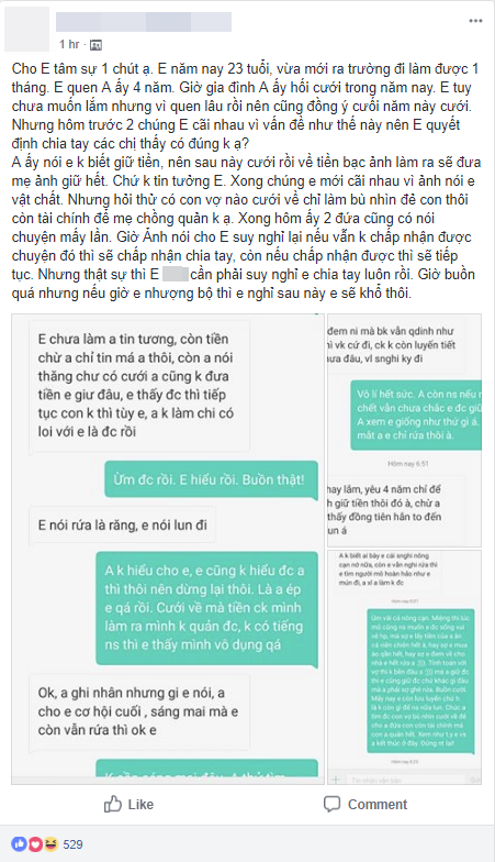 Cô gái dứt khoát chia tay vì chồng sắp cưới tuyên bố không tin tưởng vợ, sẽ đưa hết tiền bạc cho mẹ đẻ sau khi kết hôn-1