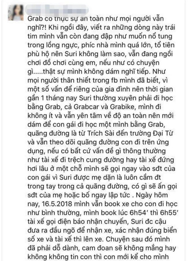 Mẹ bé gái 9 tuổi bị tài xế Grab quấy rối: Cháu đã trình bày tại cơ quan Công an như khi kể với mẹ-1