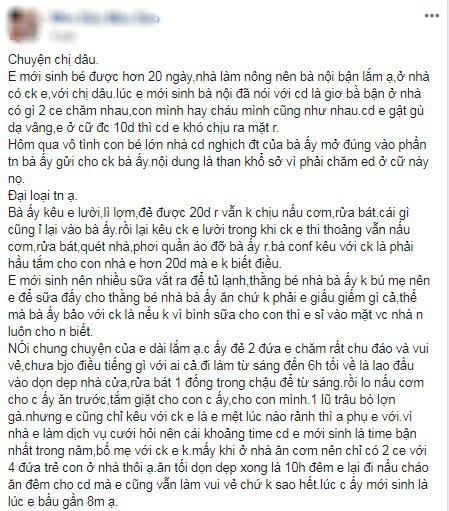 Em dâu ấm ức tố chị dâu chăm mình ở cữ mới 20 ngày đã nói xấu sau lưng-1