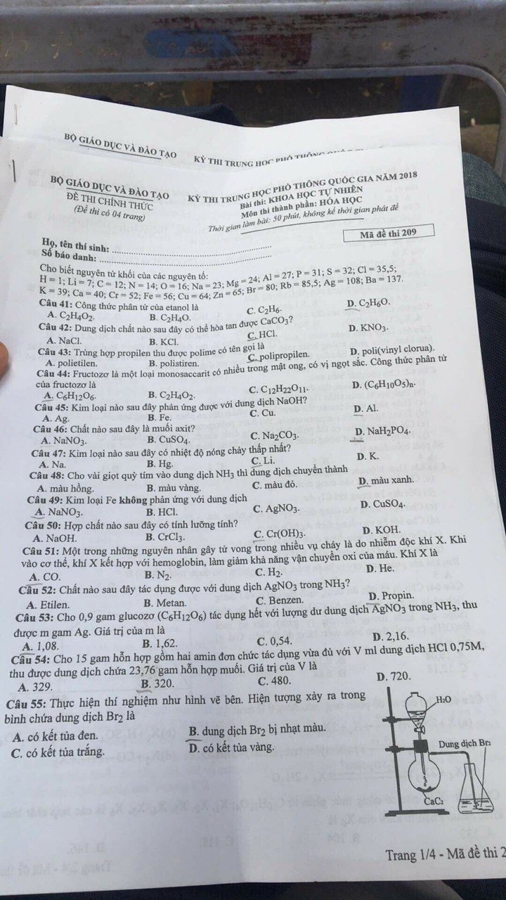 Đề thi môn Hóa thi tốt nghiệp THPT quốc gia 2018-1