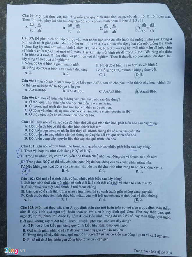 Đề thi Sinh học THPT quốc gia 2018-2