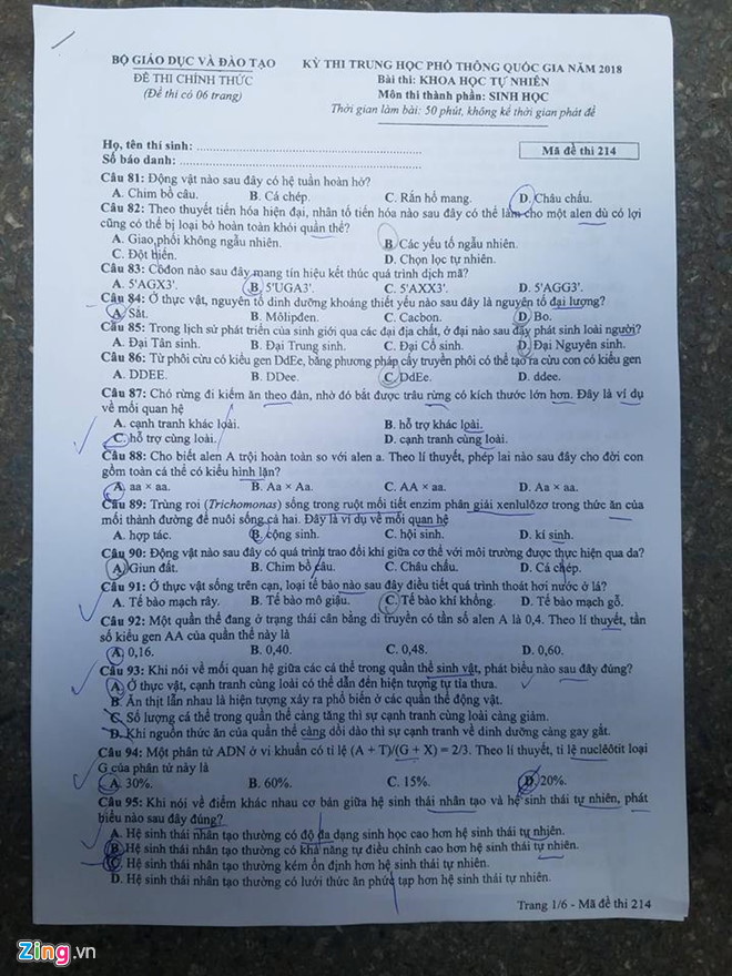 Đề thi Sinh học THPT quốc gia 2018-1