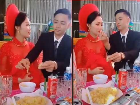 Chú rể ga lăng xé từng miếng thịt cho cô dâu